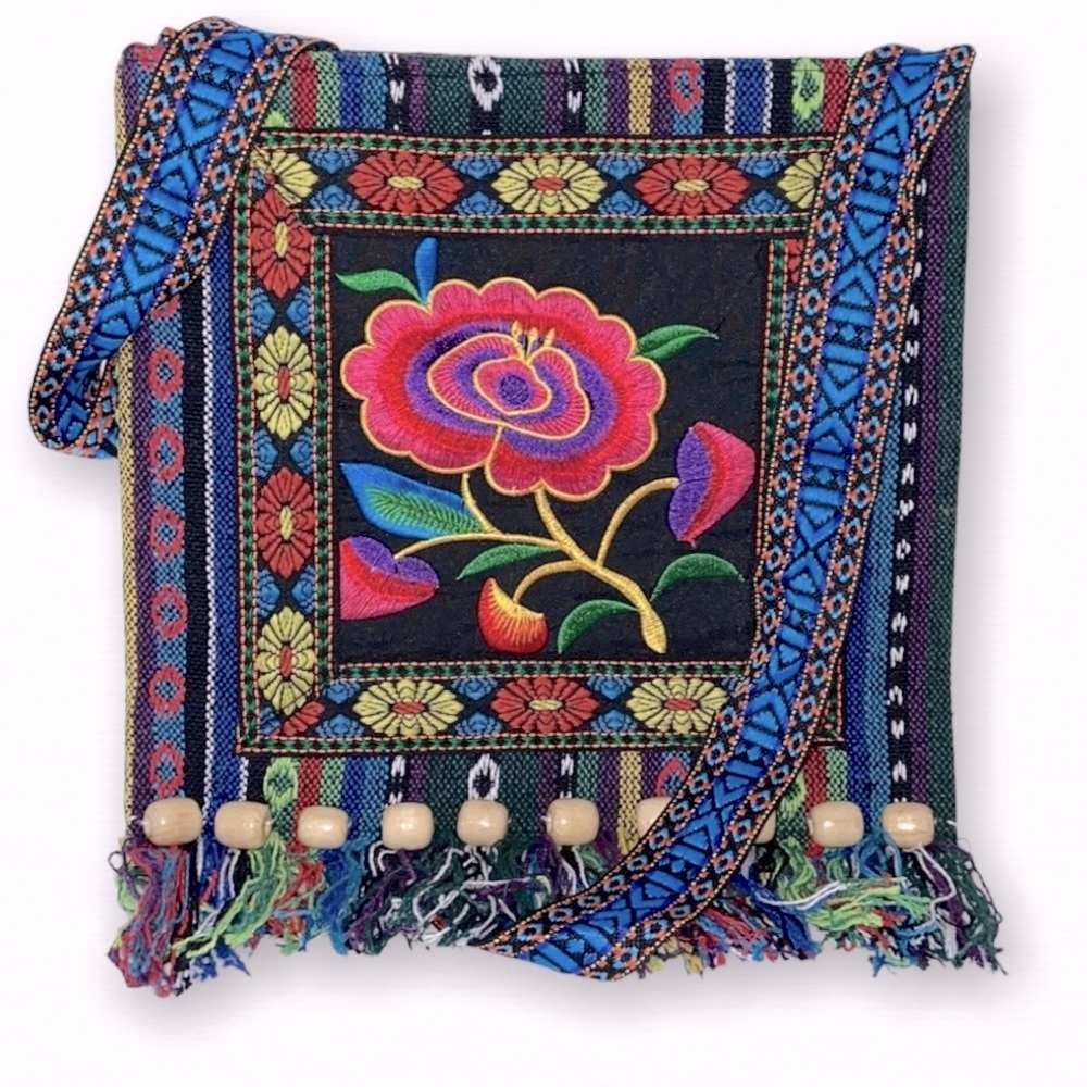 Boho Inspired • Embroidered • Fringe Trim • Wooden Accents • Crossbody Bag